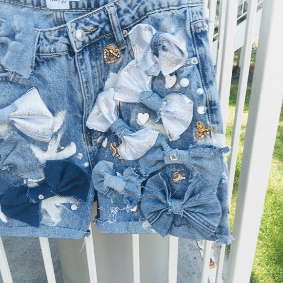 Blue Embellished Jean Shorts with Bows I Can Make Anysize